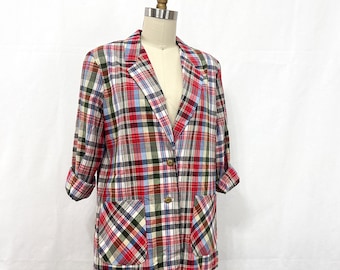 Vintage Plaid Blazer | 80s Cotton Jacket with Pockets | Women's Size 14