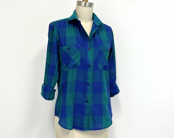 Vintage 80s Buffalo Plaid Button Down Shirt | Peter Pan Collar | Long Sleeve Blouse | Size 10