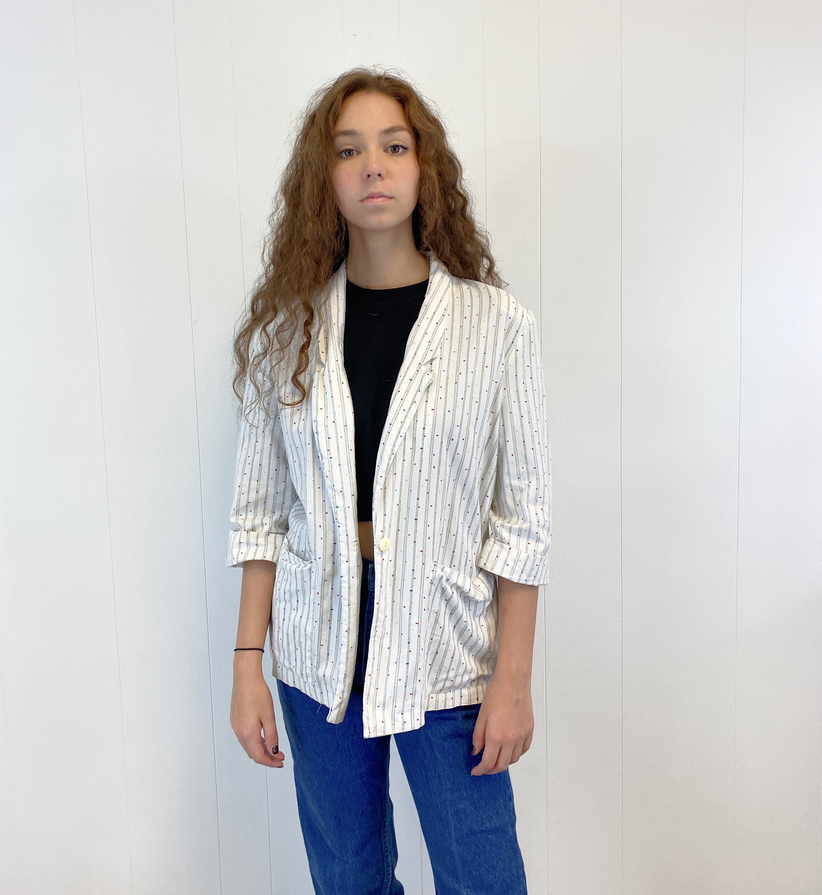 80s Boxy Blazer With Shoulder Pads and Pockets Spots and Stripes Size ...