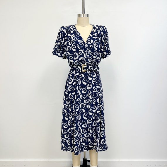 Vintage Belted Dress | 90s Navy Blue and White Li… - image 1