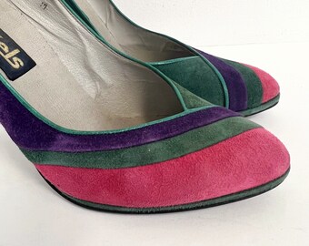 Vintage 80s Suede Pumps | Green Purple Raspberry Italian High Heels | Size 6 1/2 B