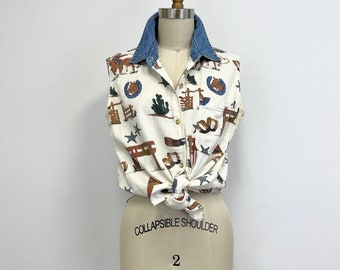 Vintage Sleeveless Western Theme Blouse with Denim Collar | Y2K Shirt | Size Medium