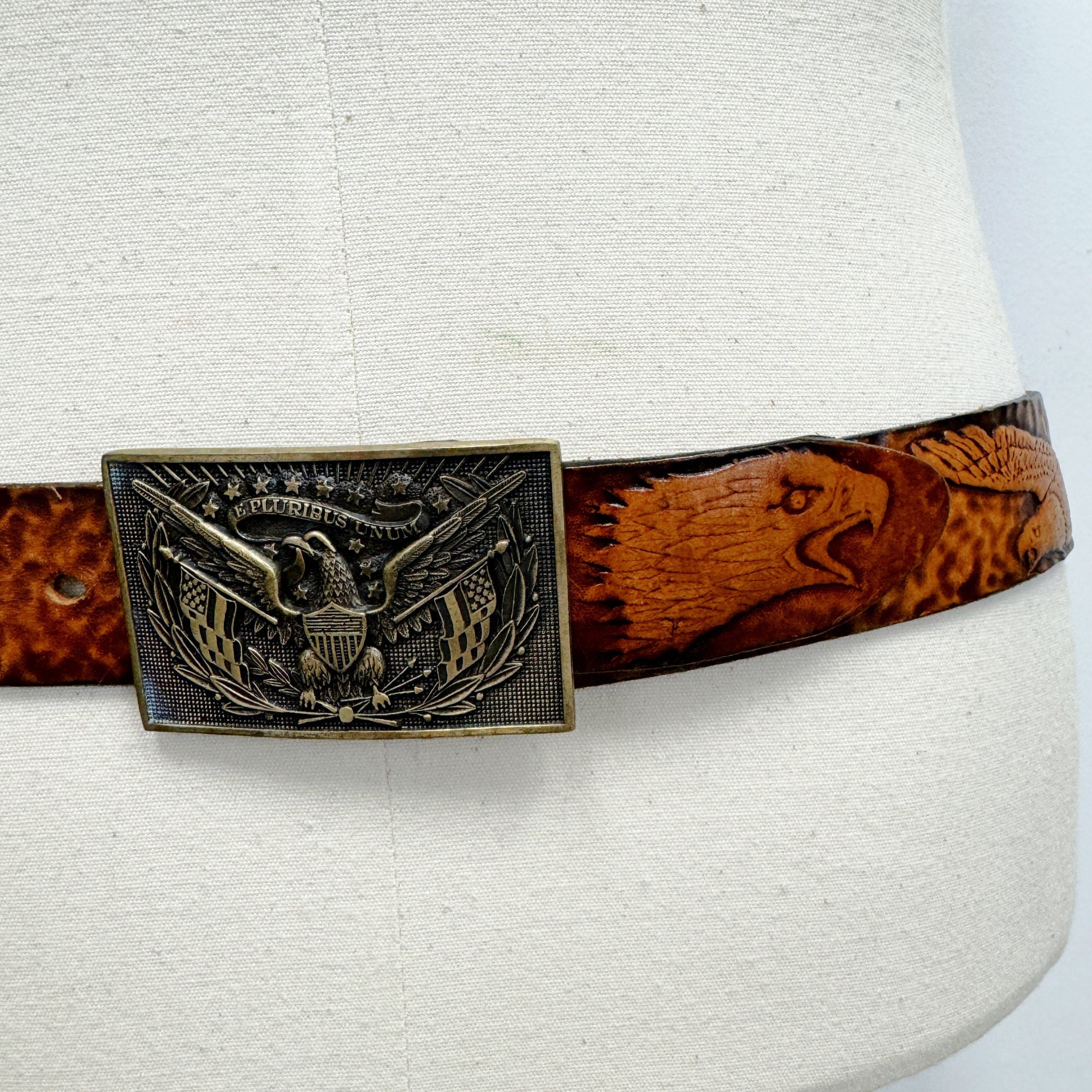 Vintage Brown Leather Belt with Solid Brass Gold Eagle Buckle 45” Eagle Belt Buckle - Etsy main image 3
