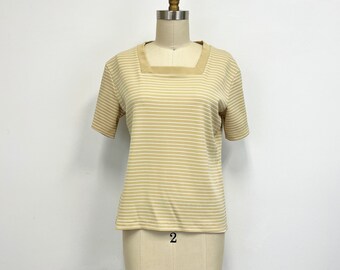 Vintage 1970s Square Neck Top | Short Sleeve Striped Poly Shirt | Size Small