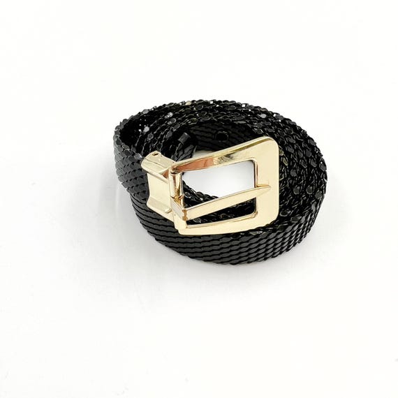 Vintage Whiting & Davis Black Chainmail Belt: Gold Buckle 