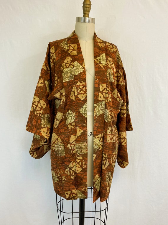 Vintage Short Kimono | Haori | Rich Brown Print | 