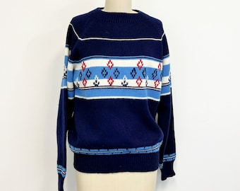 Vintage Ski Sweater | 1960s Soft Acrylic Pull Over Sweater | Navy Blue | Mens