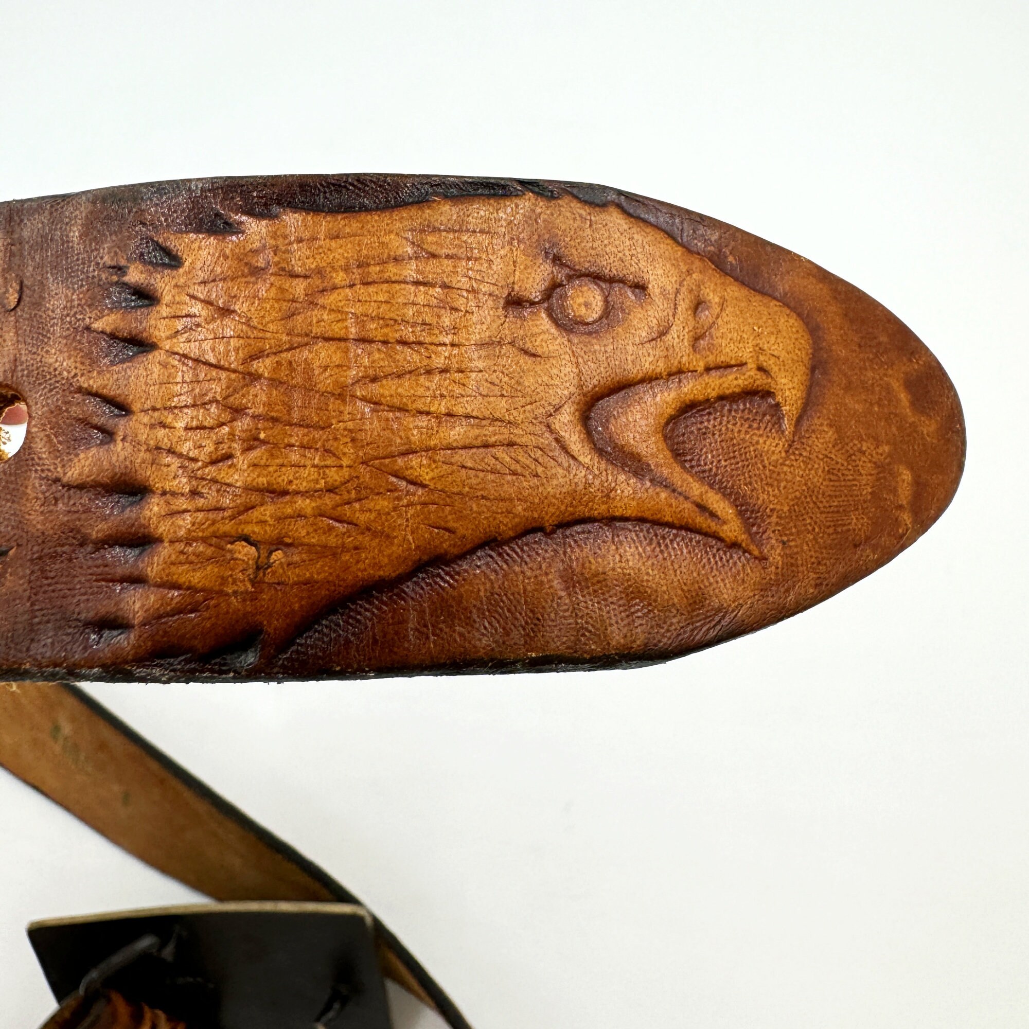 Vintage 70s Tooled Leather Belt With Brass Eagle Buckle 