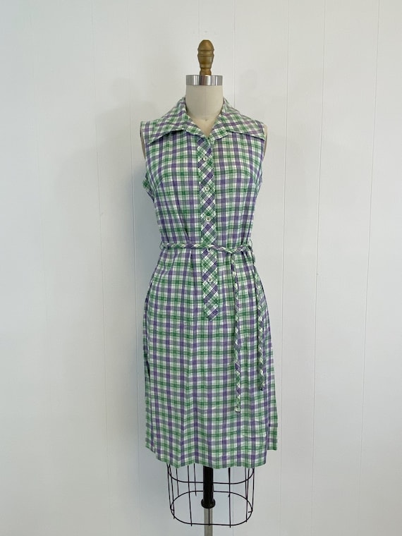 Vintage  Plaid Shirt Dress | 60s Sleeveless Belte… - image 1