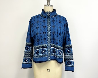 Vintage Icelandic Design Y2K Zip Front Sweater Jacket | Fully Lined | Snowflake Design | Size XL