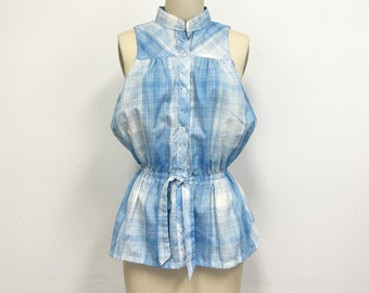 Vintage 70s Plaid Top | Blue and White Shot with Silver | Tie at Elastic Waist | Size 11