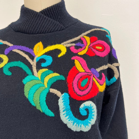 Vintage 70s Sweater Dress  | Embroidered Black Dr… - image 3