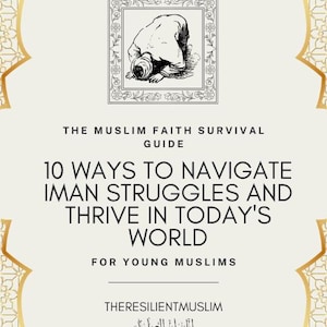 Puede incluir: Una ilustración en blanco y negro de una persona rezando, rodeada de un borde con un patrón dorado. El texto dice "The Muslim Faith Survival Guide 10 Ways to Navigate Iman Struggles and Thrive in Today's World For Young Muslims ThereSilentMuslim المسلم الصامد @ThereSilentMuslim"