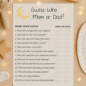 Jeu de baby shower, devinez qui - maman ou papa ?, jeu de bébé, jeux de baby shower à imprimer, jeu d'anecdotes, jeu minimaliste, jeu amusant