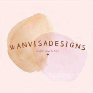 May include: A logo design for Wanvisa Designs, featuring the text "WANVISADESIGNS" and "CUSTOM CASE" in a brown font. The design includes two watercolor-style shapes in peach and pink, set against a light peach background.