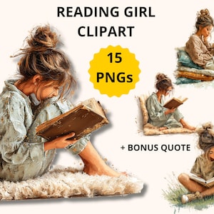 Könnte beinhalten: Digitales Clipart-Set mit einer Person, die in verschiedenen Posen ein Buch liest. Die Bilder zeigen eine Person im Pyjama, die auf einem flauschigen Teppich sitzt, und andere Szenen. Der Text enthält "READING GIRL CLIPART", "15 PNGs" und "+ BONUS QUOTE".