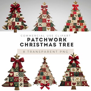 Könnte beinhalten: Eine Sammlung von Patchwork-Weihnachtsbaum-Designs. Jeder Baum besteht aus Stoffquadraten in Rot, Grün und Creme, verziert mit Herzen, Sternen und Schleifen. Die Bäume sind mit goldenen Sternen und roten Schleifen gekrönt. Der Text lautet "Patchwork Christmas Tree".