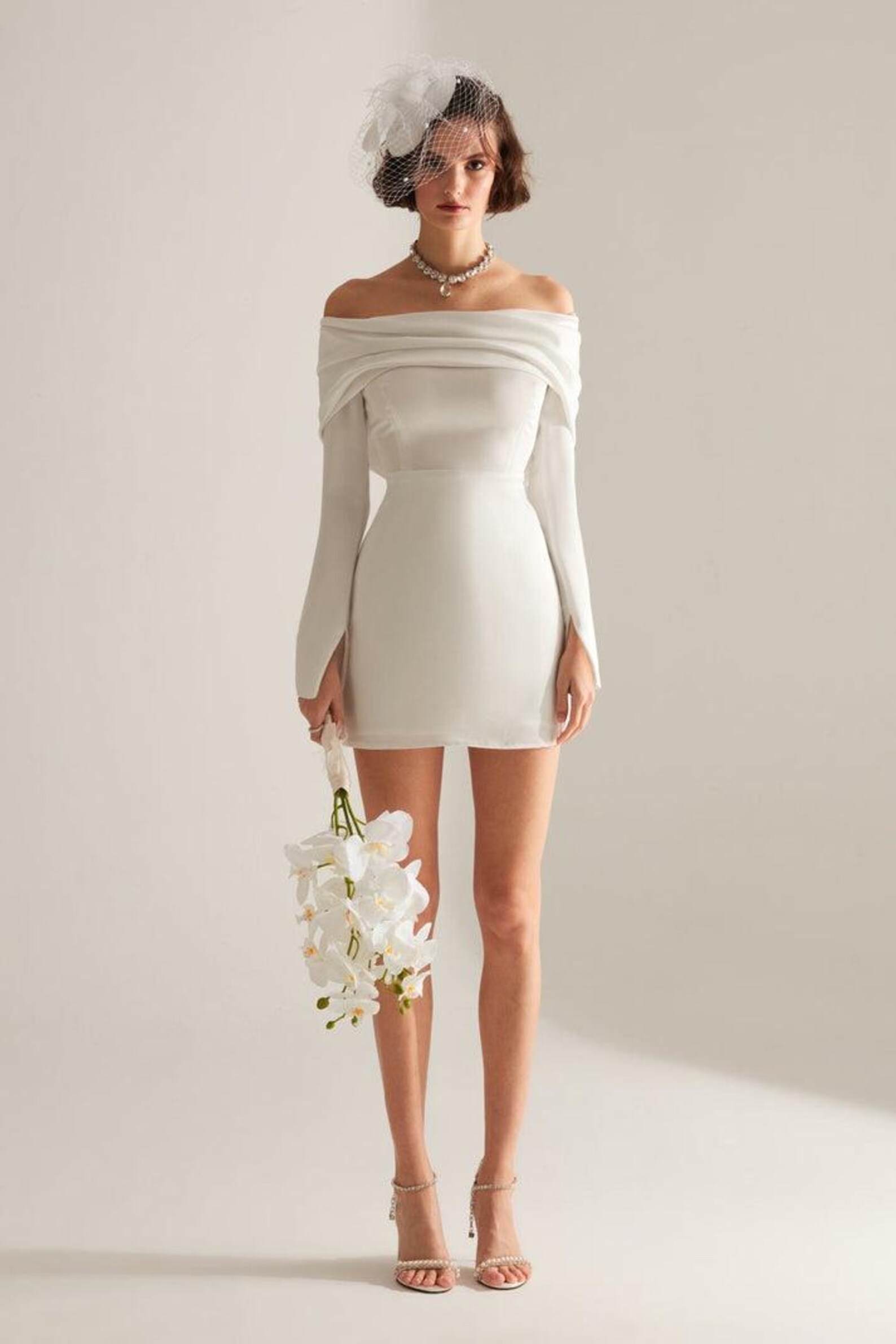 White Floral Off-Shoulder Mini Wedding Gown with Corset Back