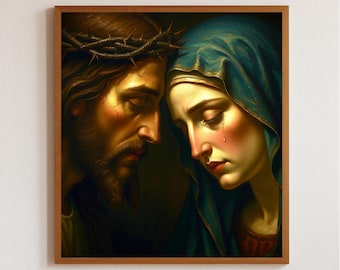 Trauernde Mutter Maria und Jesus Kunstdruck, klassisches Passionsbild (Digitaler Download)