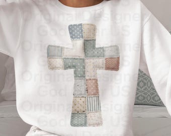 Patchwork Quilt Cross PNG, Farmhouse Cottagecore Design (Digital Download)