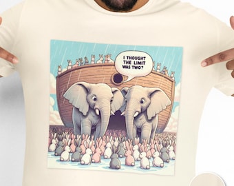 Grappige T-shirt van de ark van Noach | Ik dacht dat de limiet twee was? | Christian Comfort Colours-T-shirt Olifant Konijn