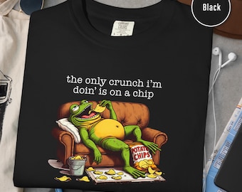 Lazy Frog Couch Potato Shirt, Funny Cartoon Frog Eating Chips, Retro Snack Humor