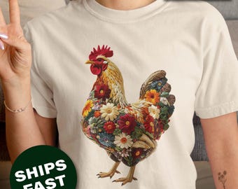 Shirt met wilde bloemen en kip Comfort Colors: T-shirt met imitatieborduurwerk