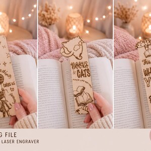 Pode incluir: Marcadores de livros de madeira com desenhos gravados a laser. Um apresenta uma menina com um balão e o texto "Reading takes us to faraway". Outro diz "Books & Cats Make Life Better". O terceiro diz "This is where you fell asleep".
