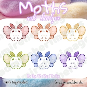 May include: Six colorful moth illustrations with a fluffy, cartoonish style. The moths are in various colors, including pink, orange, green, blue, and purple. The text "Moths sub baddies" is at the top of the image.