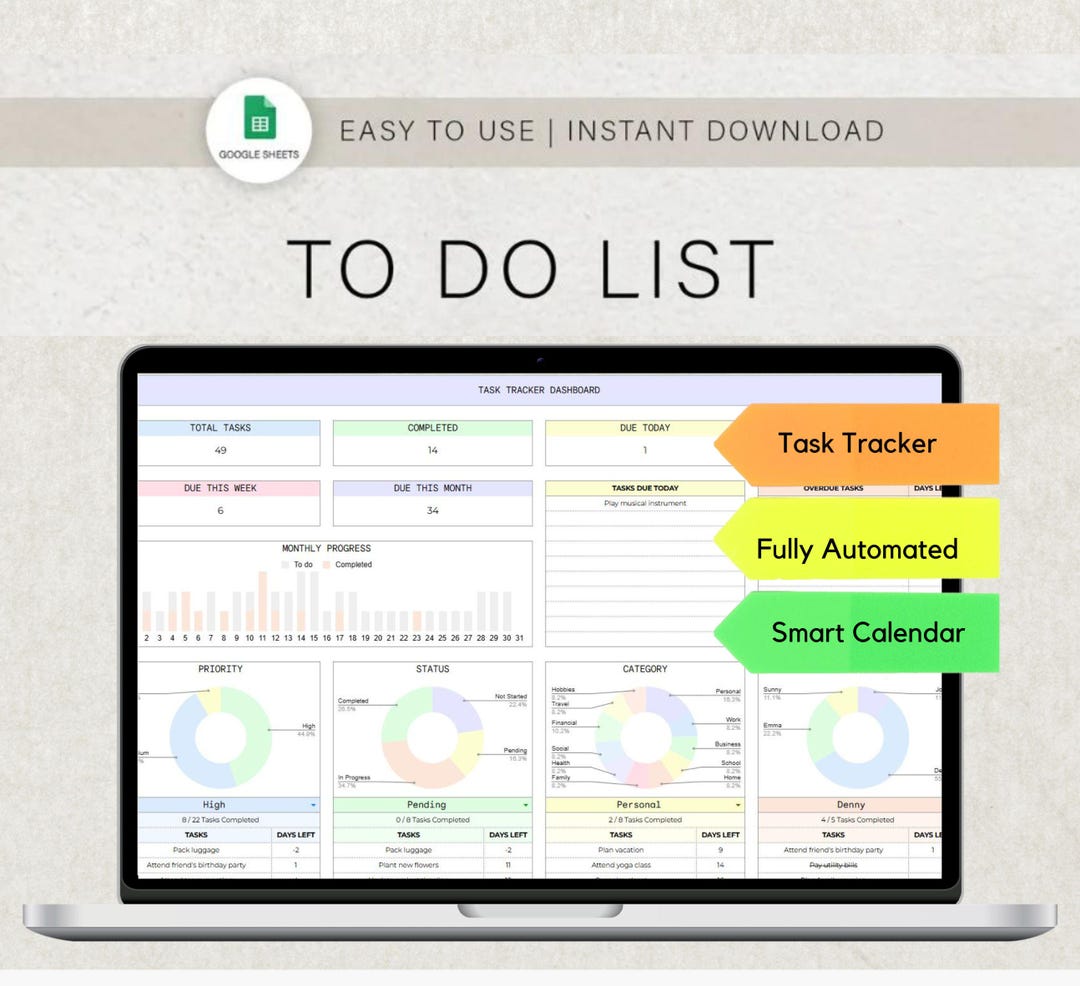 To-do List Spreadsheet Daily, Weekly Monthly Task Management Smart ...