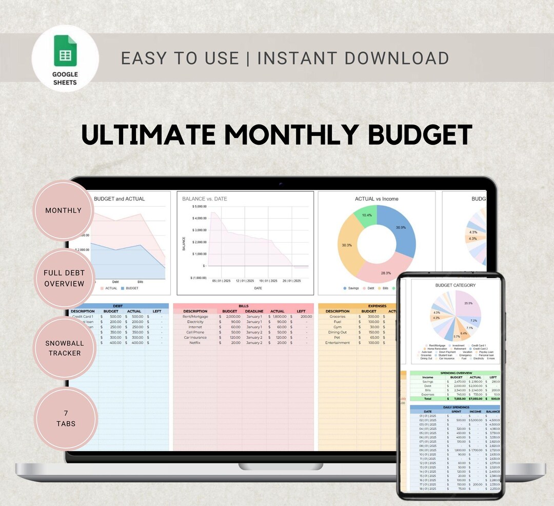 Monthly Budget Planner: Google Sheets Financial Tracker (digital ...