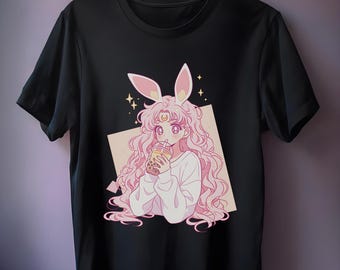 Słodka koszulka z nadrukiem Anime Bunny Girl w pastelowych pastelowych kolorach, różowa koszulka w stylu Shoujo, z grafiką w stylu anime, japońska estetyczna odzież