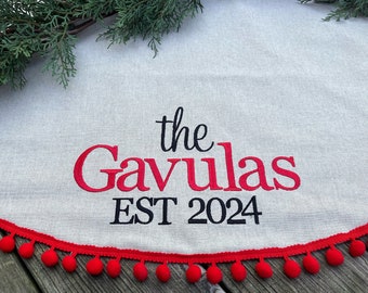 Personalized Custom Tree Skirt With Pom Pom Trim