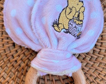 Winnie the Pooh Minky Baby Girl Rattle Ear Wood Teether