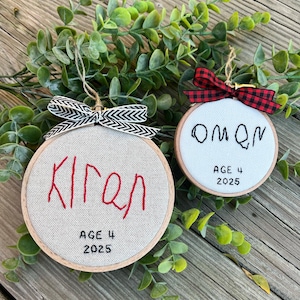 Hand Embroidered Childs Handwriting Christmas Quality Beech Wood Hoop Ornament Gift