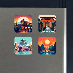 Osaka, Ha Long Bay, Prague & Kyoto Fridge Magnets – 5cm Glossy Square Travel Souvenirs – City Landmark Magnet Gift Set