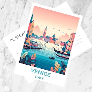 May include: A rectangular postcard featuring a stylized illustration of Venice, Italy. The image depicts gondolas on blue water, historic buildings, and a soft peach sky. The text VENICE ITALY is printed in blue at the bottom of the postcard.