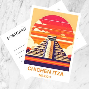 May include: A rectangular postcard featuring a graphic illustration of the Chichen Itza pyramid in Mexico under a large red sun and orange sky. The word POSTCARD is printed on the left side, while CHICHEN ITZA and MEXICO appear at the bottom.