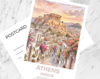 Athens Greece Watercolor Postcard Acropolis Travel Art Greek City Souvenir Card Europe Vacation Gift Decor Colorful Architecture