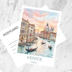 May include: A rectangular postcard featuring a watercolor illustration of the Venice canal with gondolas, historic buildings, and a domed church under a sunset sky. The text POSTCARD is printed on the left, with VENICE ITALY at the bottom.