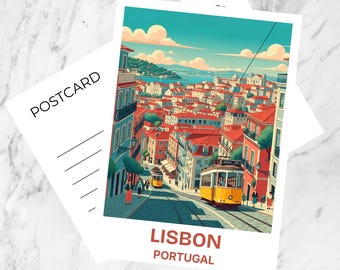 Lisbon Retro Travel Art Postcard Vintage Mid Century Travel Poster Portugal Scenic Illustration Tourism Art Card