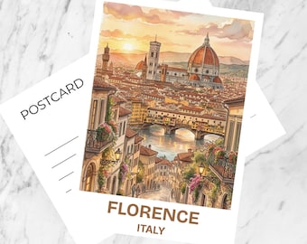 May include: A rectangular postcard featuring a watercolour-style illustration of the Florence skyline at sunset, including the Duomo and Ponte Vecchio. The word POSTCARD is printed on the left, and FLORENCE ITALY is printed in brown at the bottom.