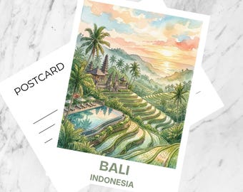 Cartão-postal em aquarela de Bali, Indonésia, ilha tropical, arte de viagem, praia paradisíaca, lembrança de férias, decoração, impressão brilhante de campos de arroz.