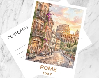 May include: A rectangular postcard featuring a watercolour illustration of a Roman street scene with the Colosseum in the background. The text "POSTCARD" is printed on the left, while "ROME ITALY" appears in gold at the bottom of the image.
