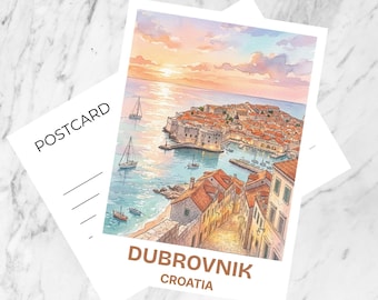 May include: A postcard featuring a watercolour illustration of the Dubrovnik coastline in Croatia at sunset. The image shows terracotta-roofed buildings, sailboats on the water, and the text DUBROVNIK CROATIA printed in brown at the bottom.
