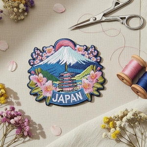 Écusson en fleurs de cerisier brodé au fer Mont Fuji sur des écussons de voyage, cadeau pour les amoureux des voyages, écusson de réparation pour veste de motard souvenir du Japon