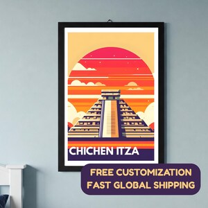 May include: Framed art print featuring a stylized illustration of Chichen Itza, a Mayan pyramid, under a sunset sky. The print has a black frame and includes the text "CHICHEN ITZA". The color palette includes orange, red, and purple.
