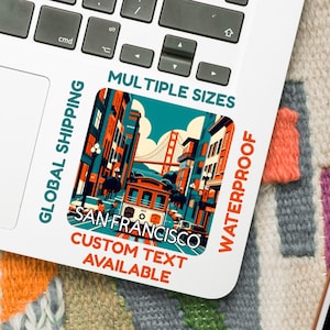 Sticker San Francisco – sticker kabelbaan en skyline (5–15 cm) – waterdicht vinyl of glanzend papier – VS-reissouvenir – optie aangepaste tekst