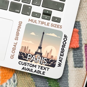 Sticker Paris - Illustration numérique de la Tour Eiffel (5-15 cm) - Vinyle imperméable ou papier glacé - Art de voyage en France - Option de texte personnalisé