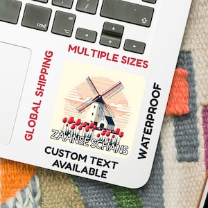 Adesivo Paesi Bassi – Illustrazione digitale di tulipani e mulino a vento (5–15 cm) – Vinile impermeabile o lucido – Regalo di viaggio olandese – Testo personalizzato